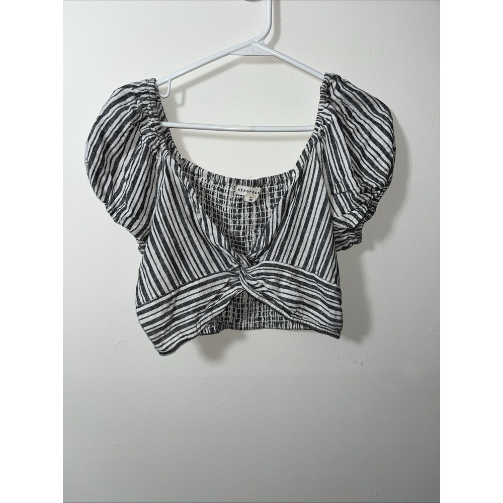 Linen Blend Stripe Bust Enhancing Top M Smock Back Puff Sleeve Sexy Magical
